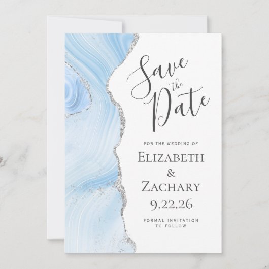 Modern Agaat Baby Blue Silver Save the Date Kaart (Voorkant)