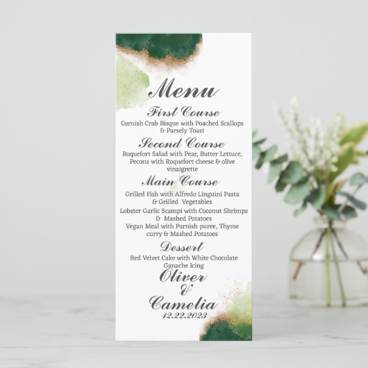 Modern Agaat Groen & Goud Bruiloft menu (Staand voorkant)