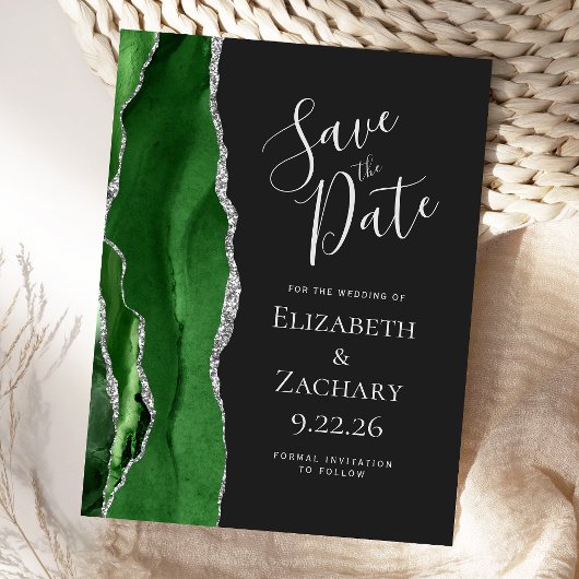 Modern Agaat Groen Zilver Donker Save the Date Aankondigingskaart