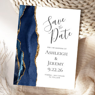 Modern Agaat Marine Blauw Goud Blank Save the Date Briefkaart