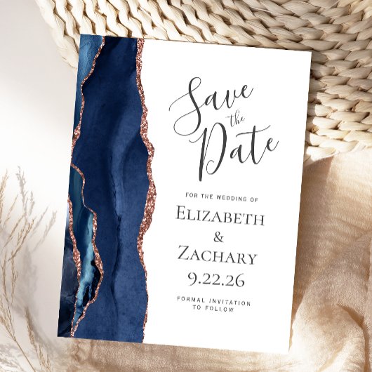 Modern Agaat Navy Blue Roos Gold Save the Date Aankondigingskaart