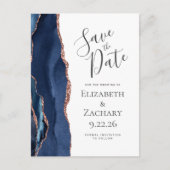 Modern Agaat Navy Blue Roos Gold Save the Date Aankondigingskaart (Voorkant)