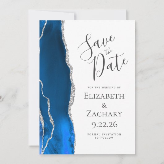 Modern Agaat Royal Blue Silver Save the Date Kaart (Voorkant)