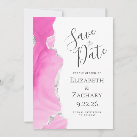 Modern Agaat Roze Zilver Save the Date Kaart (Voorkant)
