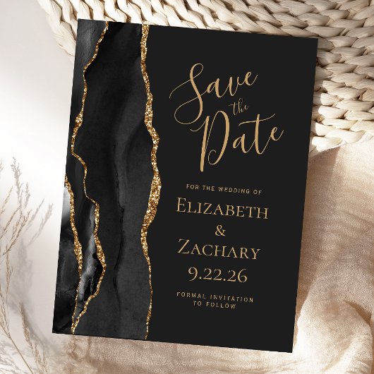 Modern Agate Black Gold Dark Save the Date Aankondigingskaart