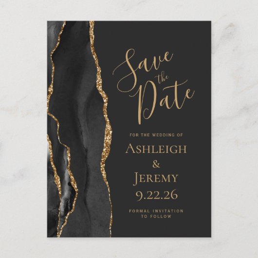 Modern Agate Black Gold Dark Save the Date Briefkaart (Voorkant)