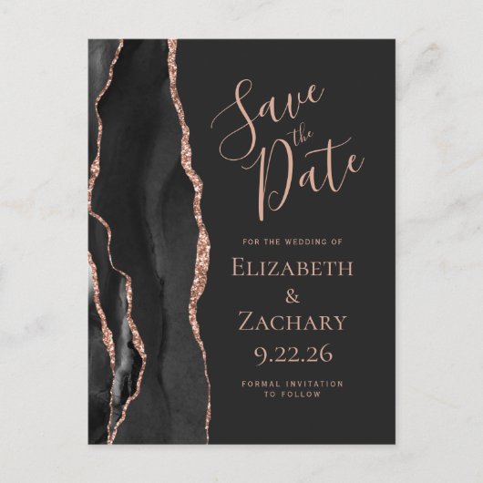 Modern Agate Black Roos Gold Dark Save the Date Aankondigingskaart (Voorkant)