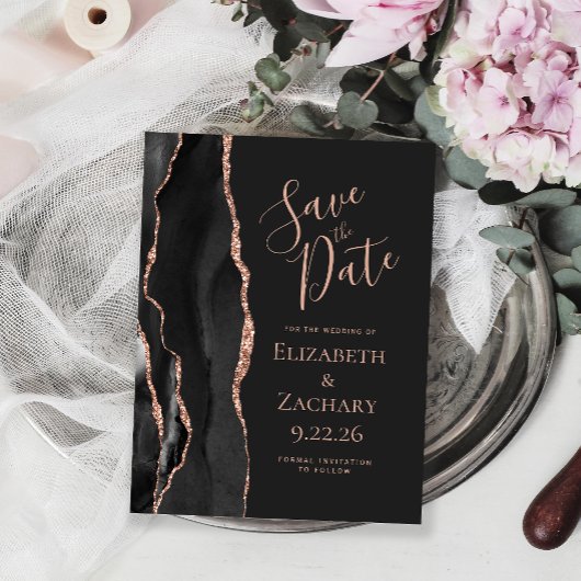 Modern Agate Black Roos Gold Dark Save the Date Aankondigingskaart