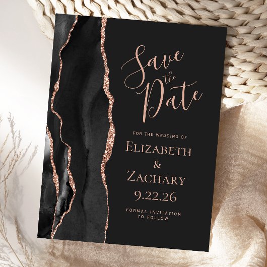 Modern Agate Black Roos Gold Dark Save the Date Aankondigingskaart
