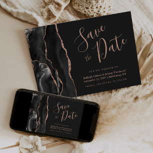Modern Agate Black Roos Gold Dark Save the Date Kaart