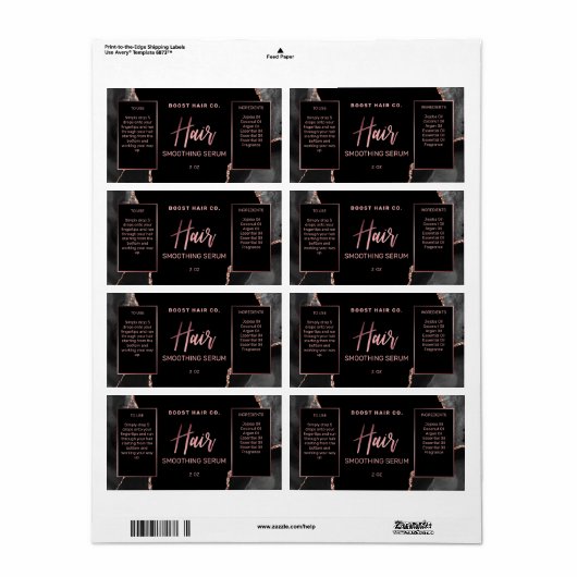 Modern Agate Black Roos Gold Hair Serum Labels (Full Sheet)