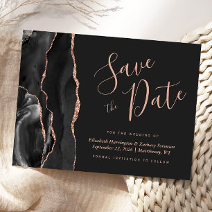 Modern Agate Black Roos Gold Save the Date Dark Aankondigingskaart