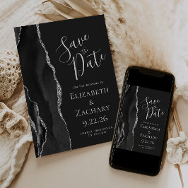 Modern Agate Black Silver Dark Save the Date Aankondiging