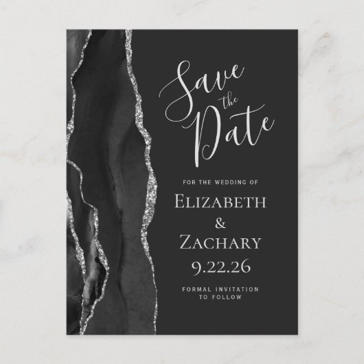 Modern Agate Black Silver Dark Save the Date Aankondigingskaart (Voorkant)