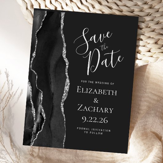 Modern Agate Black Silver Dark Save the Date Aankondigingskaart