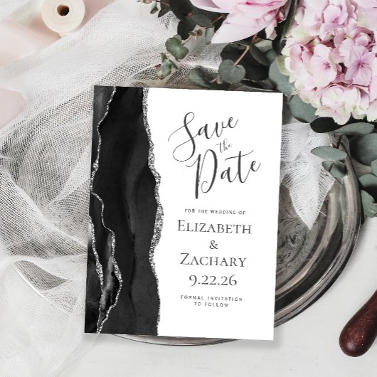 Modern Agate Black Silver Save the Date Aankondigingskaart