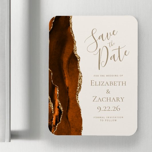 Modern Agate Burnt Orange Gold Ivory Save the Date Magneet