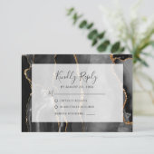 Modern Agate Frame Black Gold Wedding RSVP Kaartje (Staand voorkant)