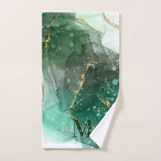 Modern Agate Geode Zee Green Gold Monogram Script Bad Handdoek (Handdoek)