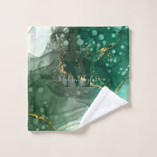 Modern Agate Geode Zee Green Gold Monogram Script Bad Handdoek (Wasdoekje)