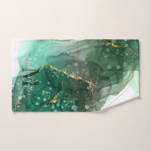 Modern Agate Geode Zee Green Gold Monogram Script Bad Handdoek (Handdoek)