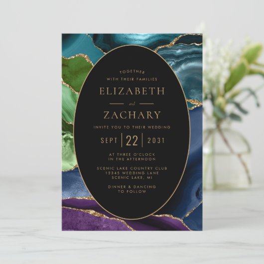 Modern Agate Gold Ovaal Lijst bruiloft Kaart (Staand voorkant)