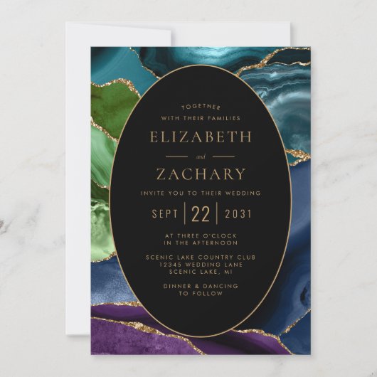 Modern Agate Gold Ovaal Lijst QR Code Huwelijk Kaart (Voorkant)