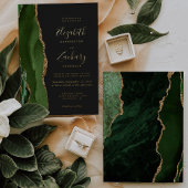 Modern Agate Hunter Green Gold Donk Wedding Folie Uitnodiging
