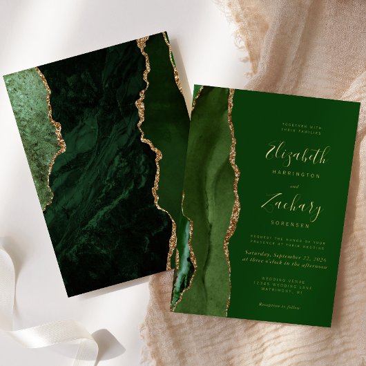 Modern Agate Hunter Green Gold Wedding Folie Uitnodiging