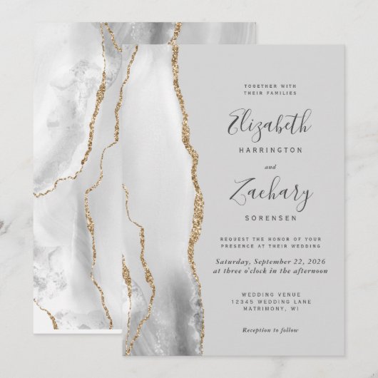 Modern Agate Light Grey Gold Wedding Kaart (Voorkant / Achterkant)