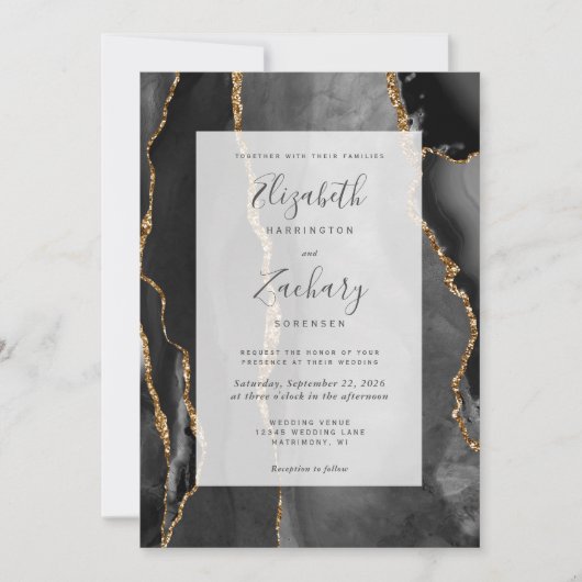 Modern Agate Lijst Black Gold Wedding Kaart (Voorkant)