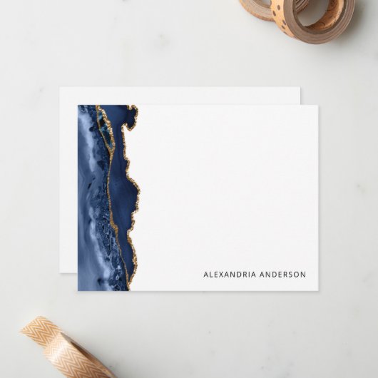 Modern Agate Navy Blue Glitter Marble Geode Notitiekaartje (Voorkant / Achterkant in situ)