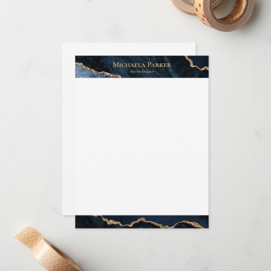 Modern Agate Navy Blue Gold Geode Notitiekaartje (Voorkant / Achterkant in situ)