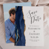 Modern Agate Navy Blue Gold Photo Save the Date Kaart