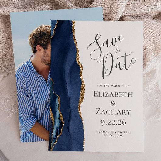 Modern Agate Navy Blue Gold Photo Save the Date Kaart