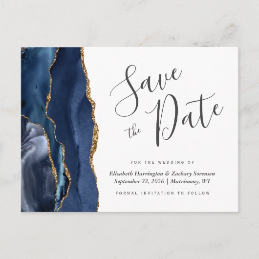 Modern Agate Navy Blue Gold Save the Date Aankondigingskaart (Voorkant)