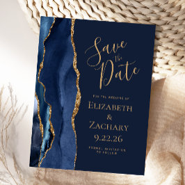 Modern Agate Navy Blue Gold Save the Date Aankondigingskaart