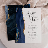 Modern Agate Navy Blue Gold Save the Date Kaart