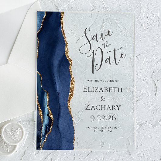 Modern Agate Navy Blue Gold Save the Date Kaart Acryl Uitnodigingen