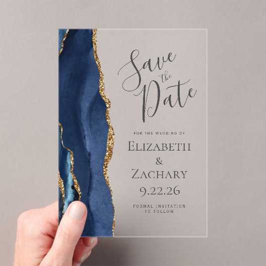 Modern Agate Navy Blue Gold Save the Date Kaart Acryl Uitnodigingen (Insitu (Draagbaar))