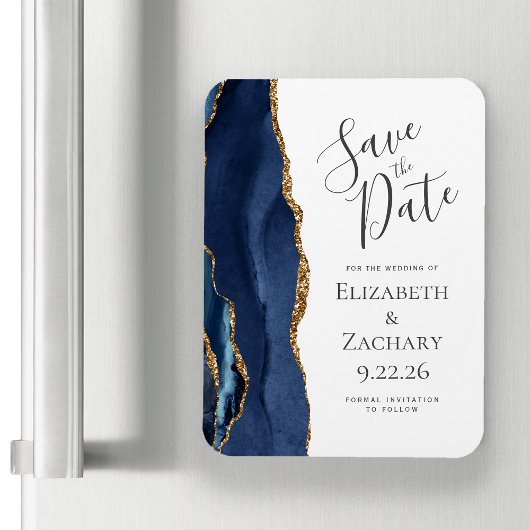 Modern Agate Navy Blue Gold Save the Date Magnet Magneet