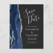 Modern Agate Navy Blue Silver Dark Save the Date Aankondigingskaart (Voorkant)
