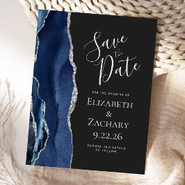 Modern Agate Navy Blue Silver Dark Save the Date Aankondigingskaart