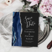 Modern Agate Navy Blue Silver Dark Save the Date Aankondigingskaart