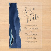 Modern Agate Navy Blue Silver Save the Date Acryl Uitnodigingen (Voorkant)