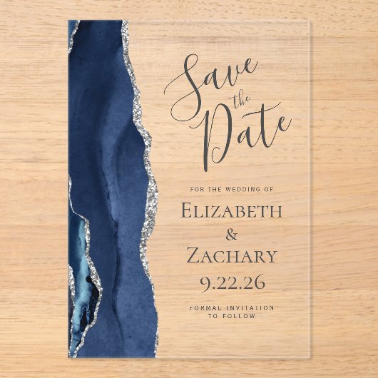 Modern Agate Navy Blue Silver Save the Date Acryl Uitnodigingen (Voorkant)