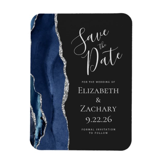 Modern Agate Navy Blue Silver Save the Date Magneet (Verticaal)