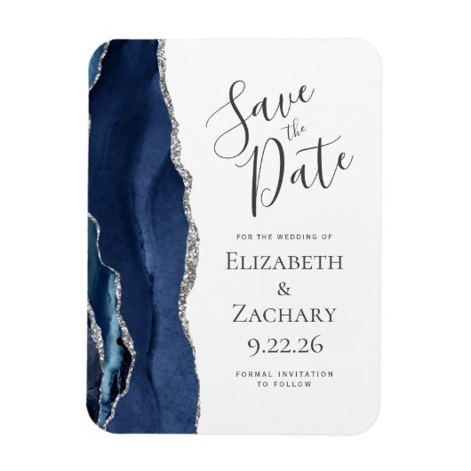 Modern Agate Navy Blue Silver Save the Date Magneet (Verticaal)