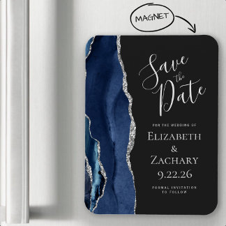 Modern Agate Navy Blue Silver Save the Date Magneet
