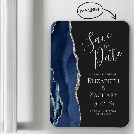 Modern Agate Navy Blue Silver Save the Date Magneet